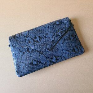 blue snake print clutch purse